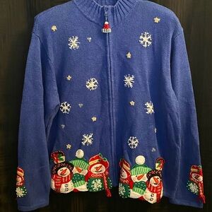 Vintage Tiara International Embroidered Snowman Snowflake Cardigan Women’s L NWT